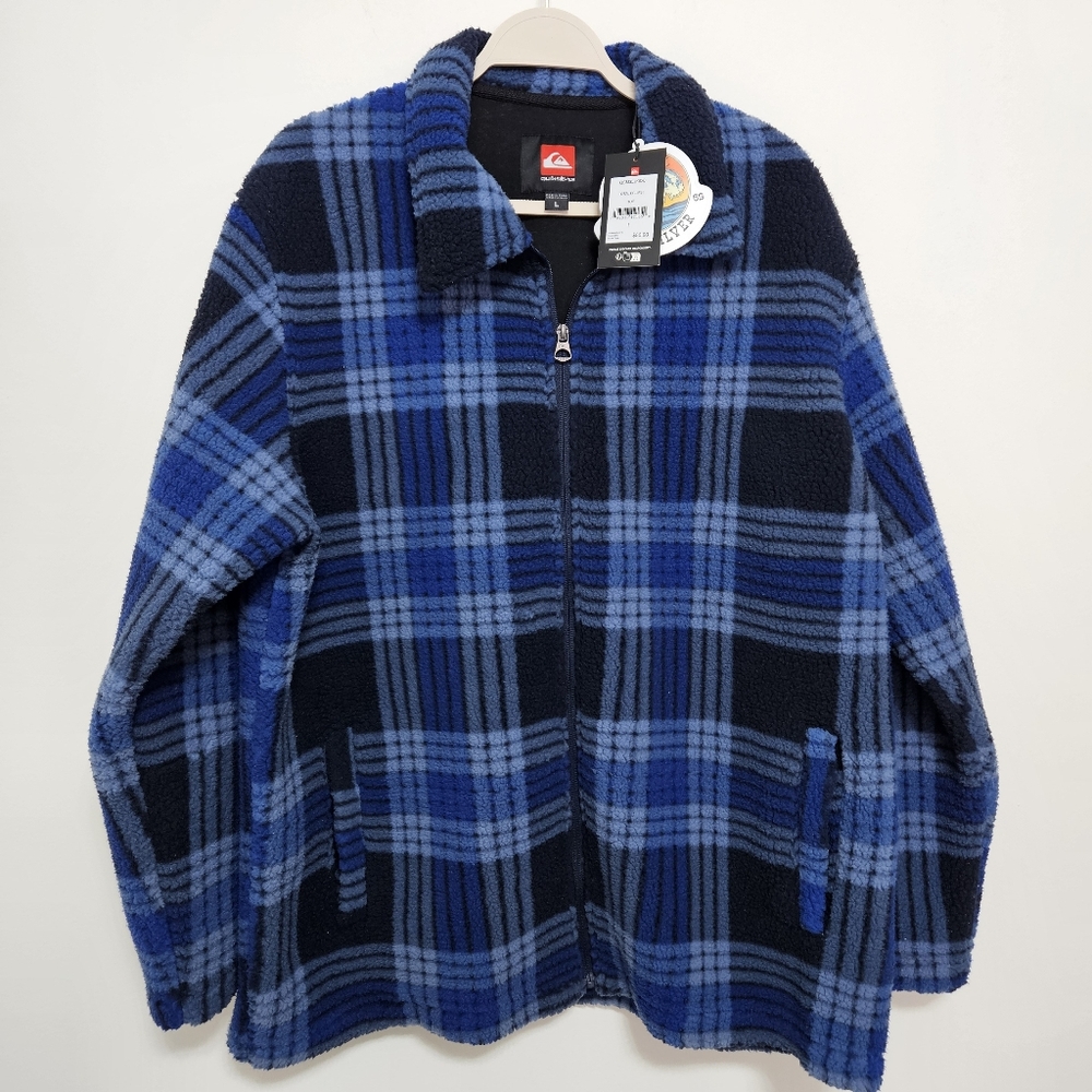 Quicksilver NWT Mens Deck Plaid Fleece Zip Jacket Cozy Preppy‎ Outdoor Blue L